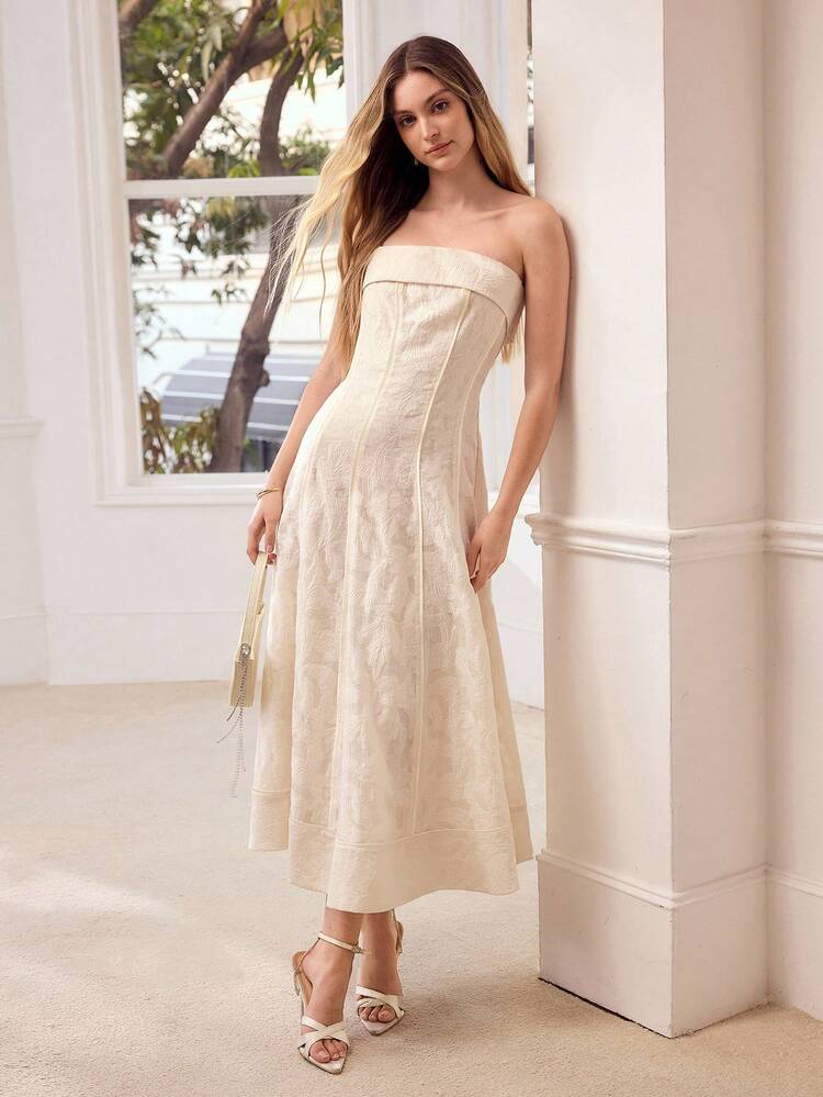 WOMEN'S JACQUARD FABRIC STRAPLESS A-LINE MIDI DRESS, SPRING/SUMMER