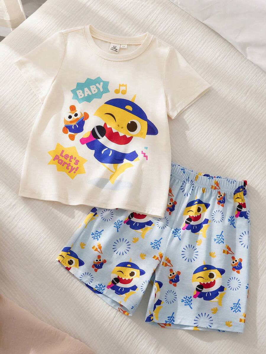 BABY SHARK X SHEIN Young Boy Cartoon Print Short Sleeve T-Shirt And Shorts Pajama Set - Apricot - View 1