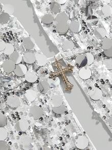 ROMWE Grunge Punk 朋克摇滚天后派对装扮，音乐节新年服装，露背性感亮片十字架吊坠两件套，Y2K千禧年 - 銀色 - 查看 2