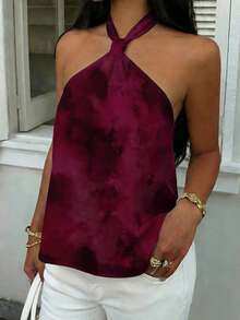 SHEIN EZwear 休闲简约度假波西米亚风优雅复古酒红色扎染水彩印花图案，适合音乐节、海滩装扮、度假装扮，女士夏季上衣 - 彩色 - 查看 7