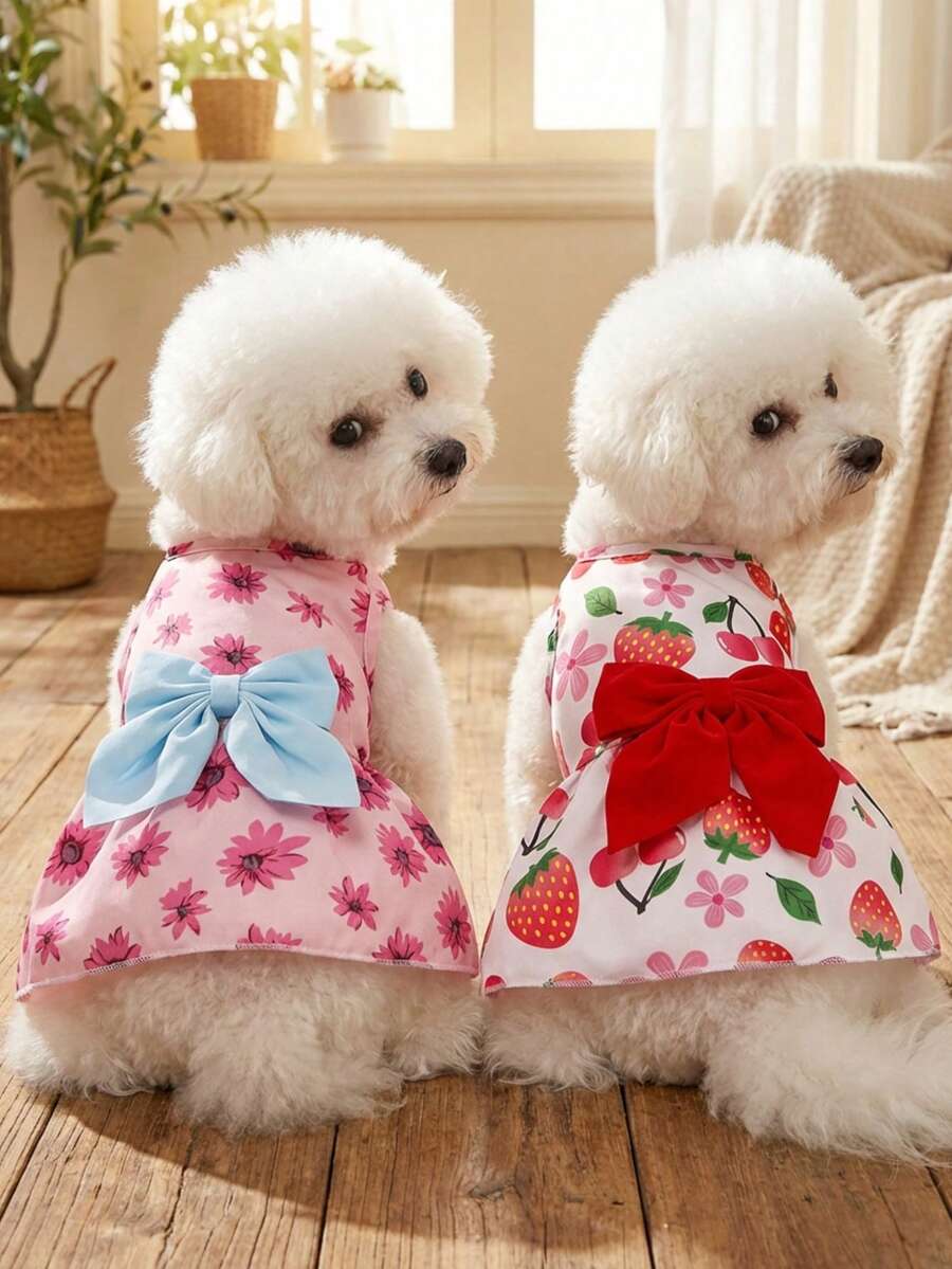 PETSIN 1 chiếc váy cho thú cưng in hình dâu tây, anh đào, hồng và hoa cúc, chất liệu mềm mại và thoáng khí, kiểu dáng nghỉ dưỡng, không tay. - Nhiều màu - Xem 1