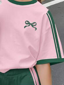 2件組 青少年女孩綠色與粉色休閒蝴蝶結條紋短袖T恤短褲套裝，可愛校園夏季穿搭，青少年女孩圖案服飾，秋季 - 彩色 - 查看 3