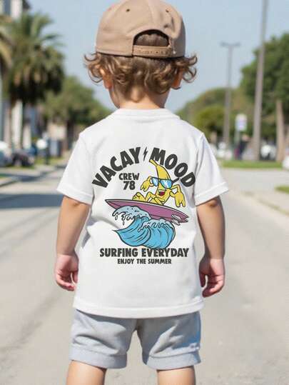 SHEIN 男宝宝新款休闲可爱风英文字母T恤，街头时尚，假日风，美式复古圆领短袖针织衫，适合春夏穿着，适合街拍