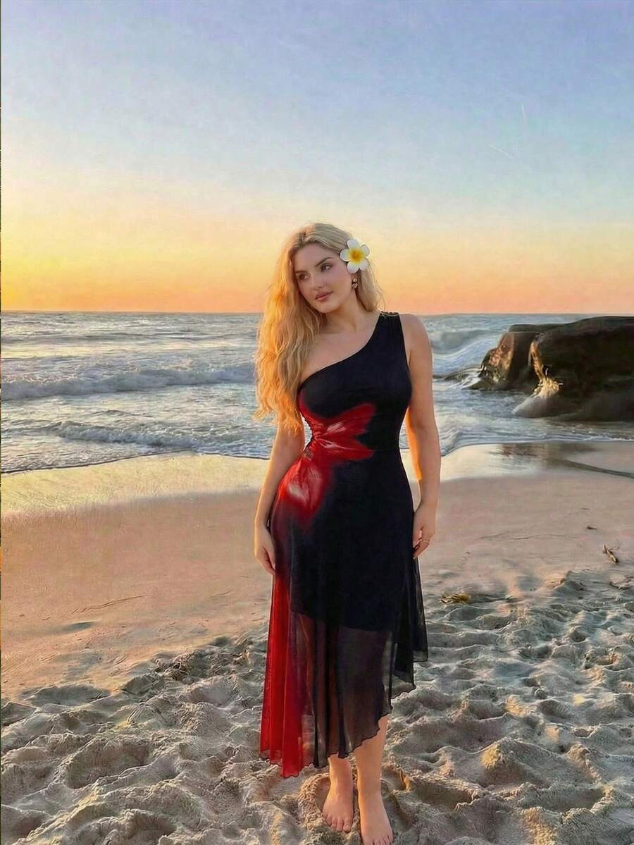 SHEIN MOD Váy len hoa đỏ cổ điển cỡ lớn cho nữ, Váy dài màu đen cho nữ, Váy dạ hội, Váy, Tiệc tùng, Mùa hè - màu đen - Xem 1