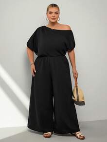 SHEIN CURVE+ 2026春夏新款女士加大码优雅派对/约会/毕业季网纱黑色单肩褶裥装饰斜肩超长阔腿裤梭织纹理面料连体裤 - 黑色 - 查看 6