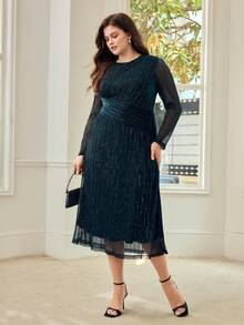 PREMIUM PLUS PLEATED METALLIC MESH ROUND NECK LONG SLEEVE DRESS, SUITABLE FOR AUTUMN/WINTER PARTY & DATE - Teal Blue - View 6