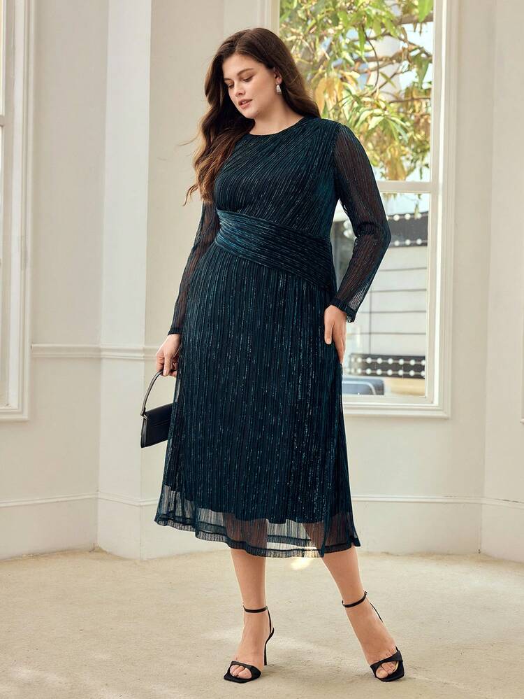 PLUS PLEATED METALLIC MESH ROUND NECK LONG SLEEVE DRESS, SUITABLE FOR AUTUMN/WINTER PARTY & DATE