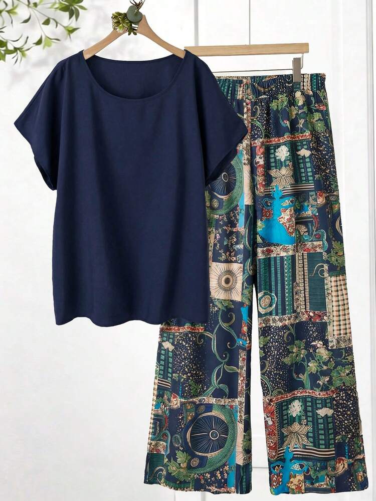 Plus Size Women's Solid Color Round Neck Short Sleeve Shirt And Floral Print Wide Leg Pants 2-Piece Set Zanzea Terno Pants And Blouse Two Piece Set