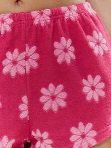 MUSERA Floral Towelling Mini Shorts Only Spring Summer Cute Girly Holiday Vacation Beach Everyday Casual Sorbet Print - Hot Pink - View 6