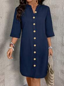 EMERY ROSE Vestido casual con cuello en V y botones delanteros para tallas grandes - azul real - Ver 3