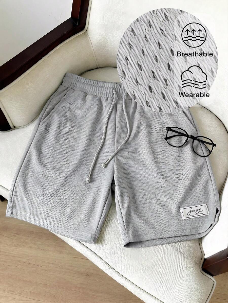 Manfinity BRENVOR 男士夏季休闲日常通勤简约百搭字母装饰抽绳腰透气网眼短裤 - 灰色 - 查看 1