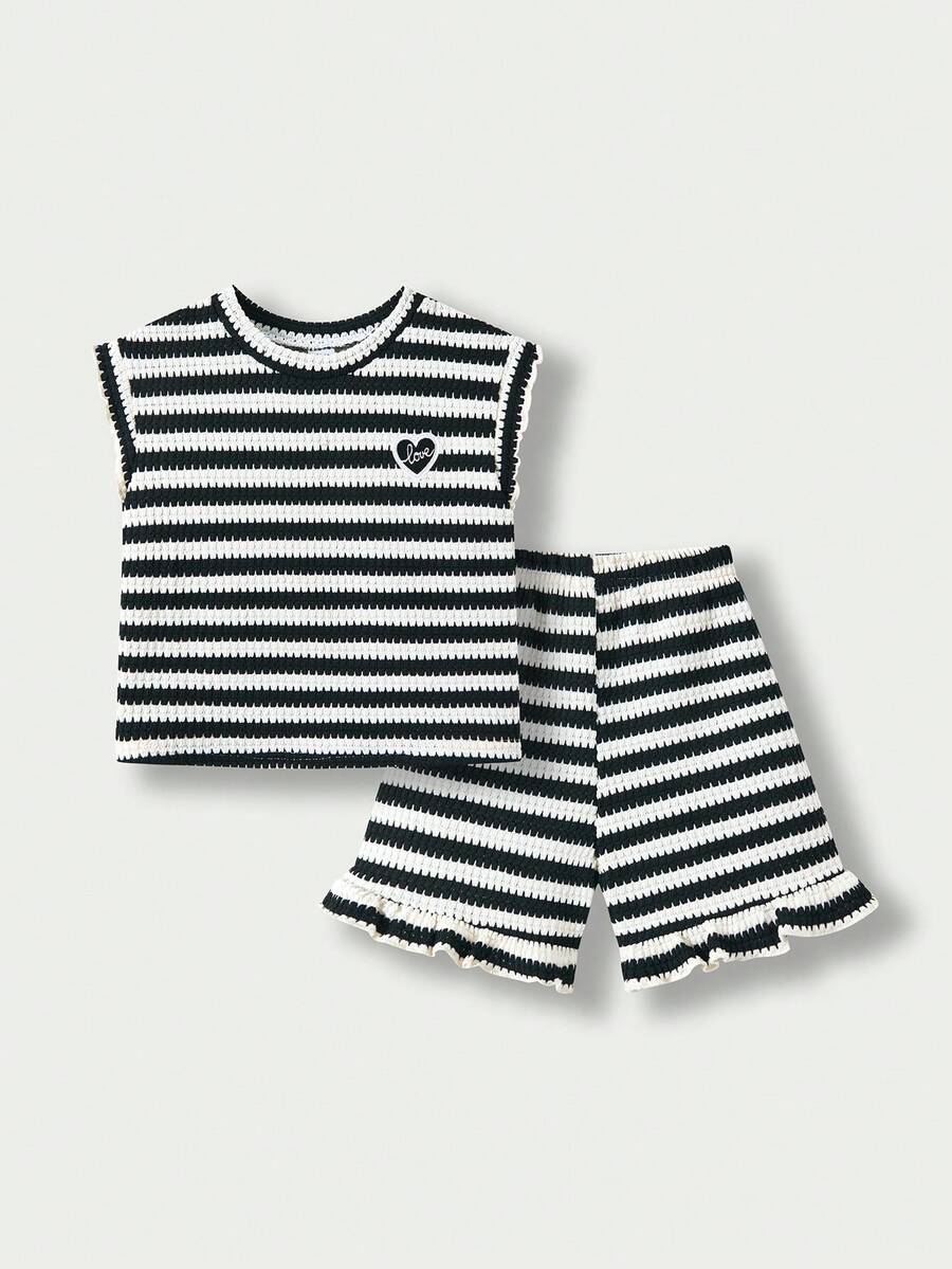 SHEIN Casuvi Kids 女童(小号)黑白提花针织无袖上衣和短裤套装,休闲简约夏季日常穿着 - 藍白色 - 查看 1