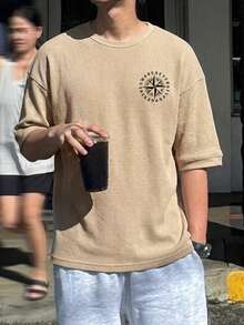 DAZY Khaki Letter Print Short Sleeve T-Shirt For Men, Summer - Khaki - View 1