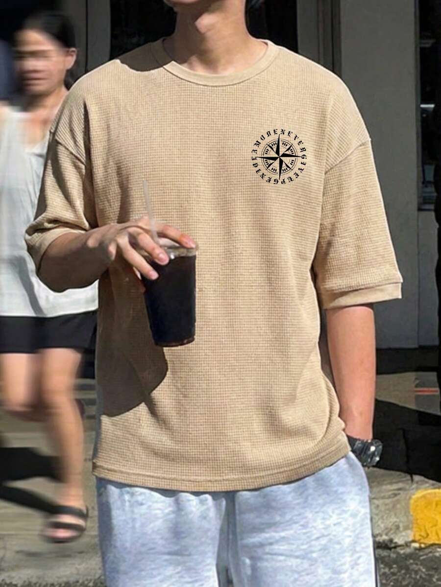 DAZY Khaki Letter Print Short Sleeve T-Shirt For Men, Summer - Khaki - View 1