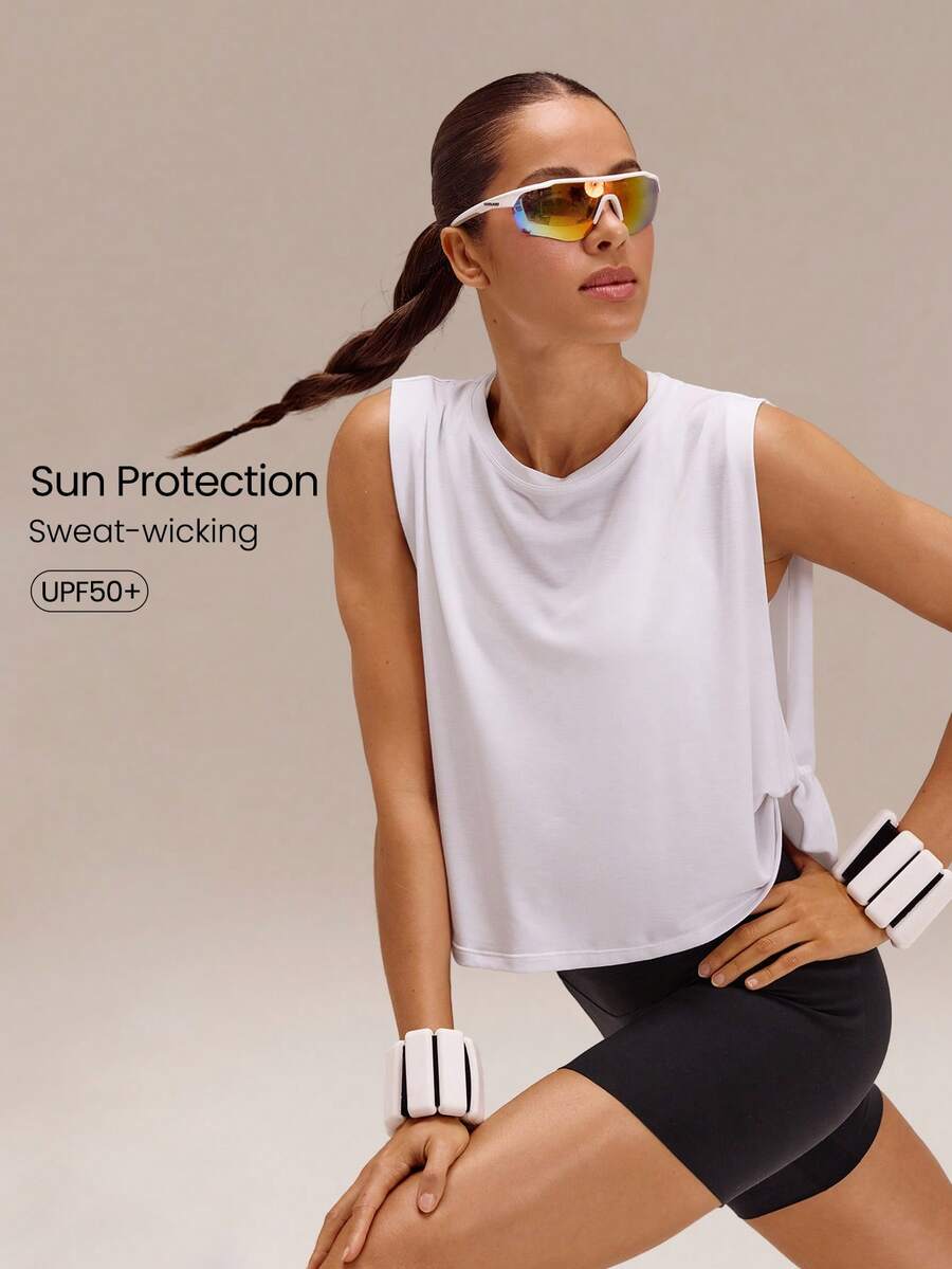 GLOWMODE Sunny Sprints Regular Fit Waist Length Sun-Protective Seamless Twisted Sides Running Muscle Tank Jogging Workout Gym Fitness Active Wear - White - View 1