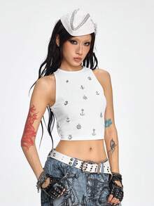 ROMWE Grunge Punk Y2K Punk Metal Cross Decor Fitted Cropped Women Tank Top - White - View 5
