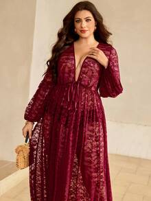 Vibekara 度假、优雅、宽松裤装、夏季女装、法式甜美优雅婚纱新娘礼服蕾丝刺绣面料深V领荷叶袖收腰浪漫长裙女士晚礼服约会、春季、夏季、夏季女装、新款度假、优雅性感沙滩度假雪纺纹理面料深V肩袖弹力褶皱长裙女士收腰波西米亚风薄纱连衣裙 - 酒紅色 - 查看 4