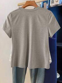 Franclia Plus Size Women's 2 In 1 Spaghetti Strap Lace Trim Short Sleeve T-Shirt - Grey - View 2