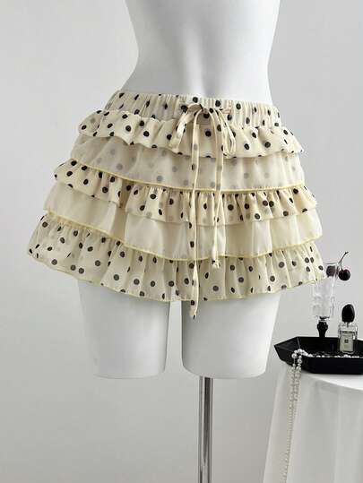 Elamini Váy ngắn xếp lớp chấm bi kiểu retro ngọt ngào gợi cảm, cạp thấp, dáng phồng, thích hợp cho mùa xuân/hè.