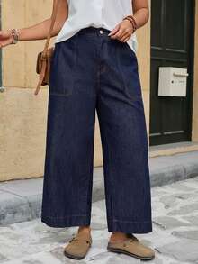 EMERY ROSE EMERY ROSE Plus Size Women Pocketed Button Fly Casual Versatile Daily Wear Wide Leg Jeans - Dark Wash - View 6