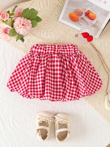 SHEIN Elladie kids 女婴红白格子A字泡泡裙。格子配色休闲百搭，泡泡裙摆设计更添可爱气息。A字版型适合各种身材。无论是外出、日常玩耍还是特殊场合，都能让小公主们展现独特魅力，尽享快乐时光。 - 紅色 - 查看 2