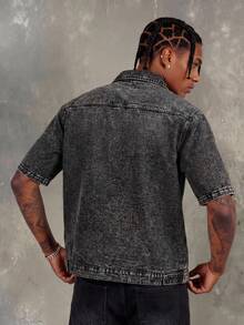 RHETRK Chemise en jean à manches courtes décontractée de couleur unie pour hommes grande taille - Noir - Voir 2