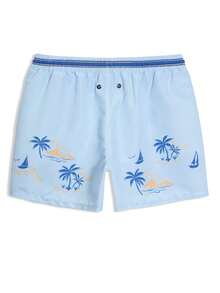Manfinity Swimmode Men's Contrast Color Light Blue Summer Casual Beach Holiday Vacation Holiday Elastic Waist Drawstring Pants,Loose Fit Board Shorts Swim Trunks - Blue - View 3