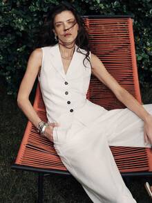 Lumivelle 女士纯色无袖V领套装，休闲和正式场合皆宜 - 白色 - 查看 1