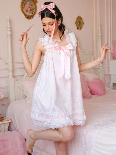 PetitDoll Charming Princess Lace Romantic Elegant Princess Pink Satin Lace Patchwork Sleeveless Ladies Nightgown