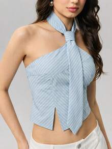 SHEIN MOD 女士条纹露背吊带休闲百搭日常上衣 - 淺藍色 - 查看 6