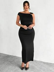 Firerie Plus Size Comfortable Casual Elegant Vacation/Office Commute Sleeveless Dress, Metal Decor Ruched Elastic Waist Slim A-Line With Slit, For Spring/Summer - Black - View 8