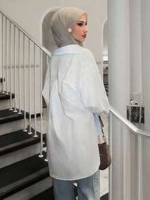 Solavon Áo sơ mi dáng rộng kẻ sọc phối màu thiết kế mới, phong cách thường ngày. - Xanh và trắng - Xem 7