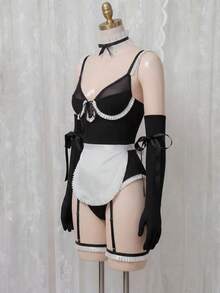 Fantasy Costume 5pcs Maid Lace Contrast Mesh Sexy Lingerie Costume Set - Black and White - View 4