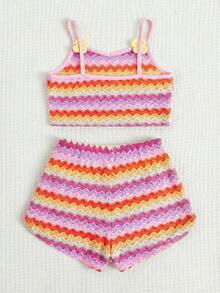 SHEIN 女童条纹吊带背心和短裤休闲两件套 - 彩色 - 查看 2