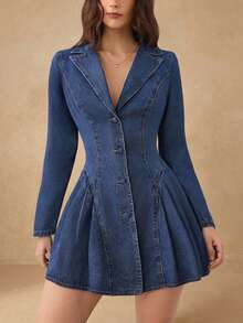Selenza Women's Front Button Pleated Waist Denim Dress - Blue - View 1