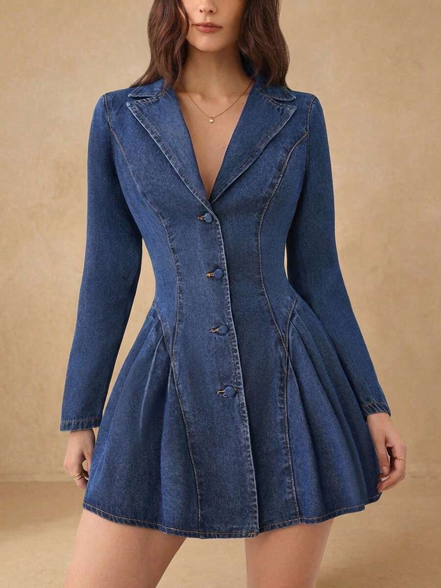 Selenza Women's Front Button Pleated Waist Denim Dress - Blue - View 1