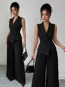 Elenzga Áo khoác blazer đen thanh lịch dành cho nữ, thiết kế ve áo + Quần ống rộng xếp ly đen thanh lịch dành cho nữ, thích hợp cho mùa xuân/hè. - màu đen - Xem 1