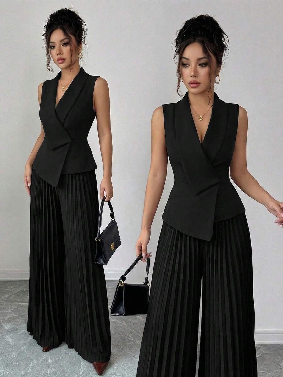 Elenzga Áo khoác blazer đen thanh lịch dành cho nữ, thiết kế ve áo + Quần ống rộng xếp ly đen thanh lịch dành cho nữ, thích hợp cho mùa xuân/hè. - màu đen - Xem 1