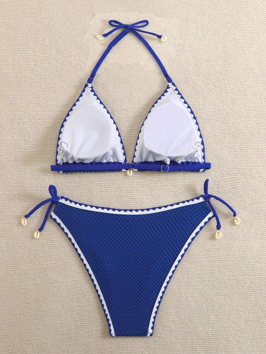 SHEIN Bộ bikini buộc dây cổ yếm kẻ sọc dành cho bé gái tuổi teen, 2 món/bộ, thích hợp cho kỳ nghỉ hè đi biển. - Xanh đậm - Xem 1