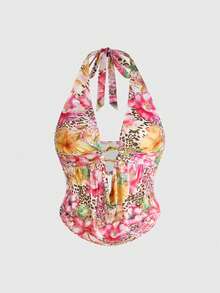 ROMWE Bohemian Tropical Sexy Curvy Plus Size Women Bikini Top Floral Leopard Patchwork Deep V Tie Front Design Vacation Beach Swim Top Push Up Pastel Summer - Multicolor - View 5
