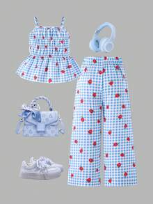SHEIN Genkimix Kids Young Girl' Cute Sweet Striped Bow Print Camisole And Wide Leg Pants Set, Summer - Blue - View 2