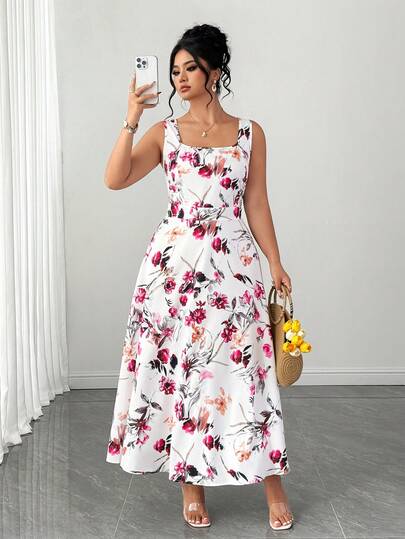 SHEIN Tall CURVE Women's Elegant Printed Waist Tie Dress, Romantic Floral Print, Sleeveless Casual Dress For Summer Vacation, Graceful Square Neck, Minimalist Chic
