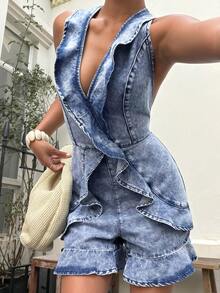 SHEIN Women's Ruffled Sleeveless Denim Jumpsuit - Blue - View 6
