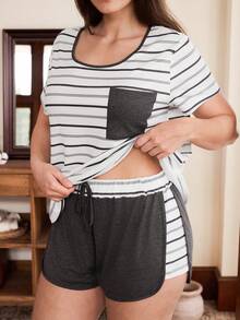 Doze Lane Striped Color Block American Casual Round Neck Short Sleeve Plus Size Women 2 Pieces Loungewear Set - Multicolor - View 2