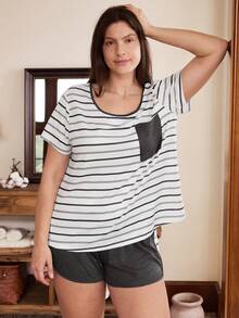 Doze Lane Striped Color Block American Casual Round Neck Short Sleeve Plus Size Women 2 Pieces Loungewear Set - Multicolor - View 4
