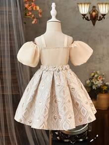 SHEIN Leap Crew Ensemble de 2 pièces pour jeune fille : Blouse à manches bouffantes tressées et épaules dénudées, jupe jacquard. Tenue de style printemps/été pour le Ramadan, vacances en famille, magnifique look de princesse - Multicolore - Voir 2