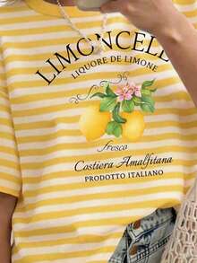 Striped Round Neck Casual Short Sleeved T-Shirt,Women's T-Shirt, Summer - Yellow - View 3