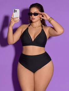Shapewave Plus Size Women's Solid Color Summer Beach Vacation Swimsuit Set - Black - View 4
