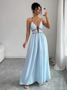 SHEIN PETITE Đầm hở lưng cổ yếm in họa tiết sọc gợi cảm thời trang nữ - Màu xanh lam - Xem 1