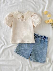 SHEIN Bộ áo thun cổ Peter Pan và quần short cho bé gái - Màu be - Xem 2